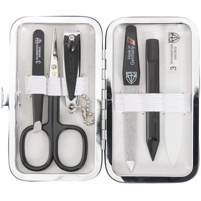 3 Swords Germany - Brand Quality 6 Piece Manicure Pedicure Grooming kit Set - Scissors, Metal and Glass Nail File, Clipper, Tweezers with Synthetic Leather case - White/Black Tools