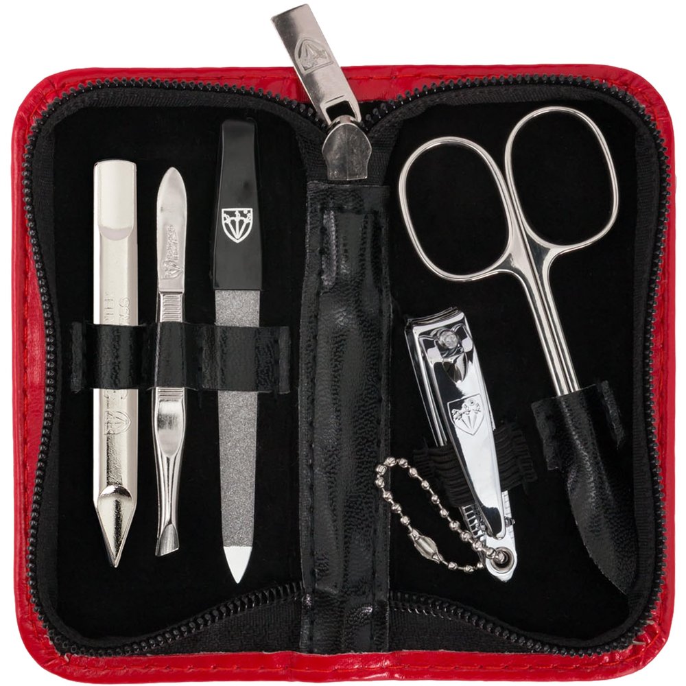3 Swords Germany - brand quality 5 piece manicure pedicure grooming kit set with synthetic leather case red - Made in Germany