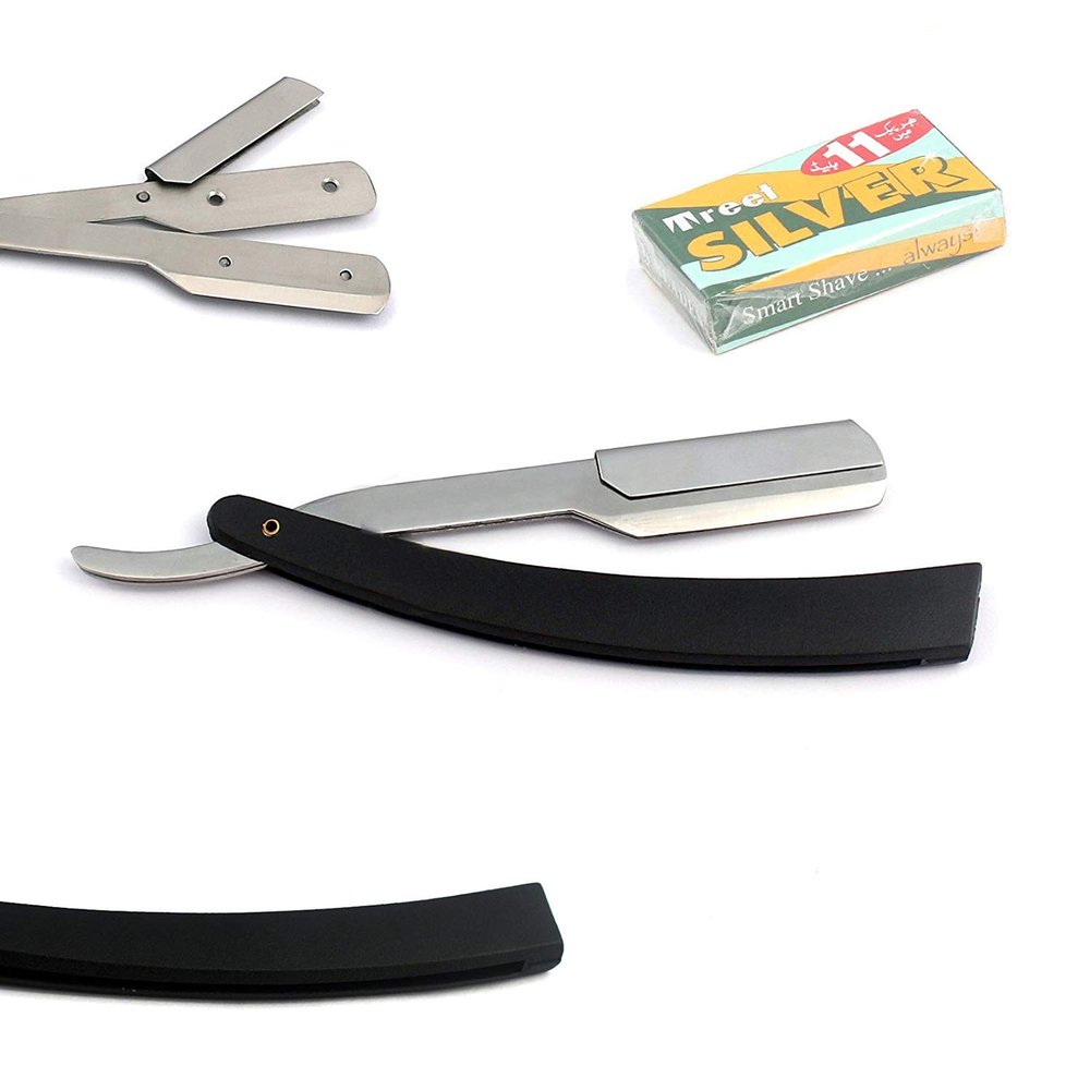 OdontoMed2011 MANUAL FOLDING SHAVING KNIFE BEARD CUTTER SHAVER STRAIGHT EDGE BARBER RAZOR SHAVING RAZORS (Black Razor + 11 Blades)