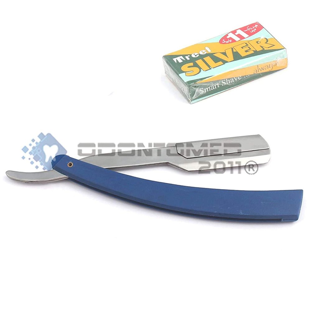OdontoMed2011 MANUAL FOLDING SHAVING KNIFE BEARD CUTTER SHAVER STRAIGHT EDGE BARBER RAZOR SHAVING RAZORS (Blue Razor + 11 Blades)