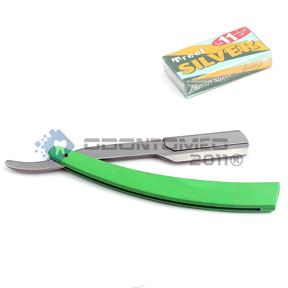 OdontoMed2011 MANUAL FOLDING SHAVING KNIFE BEARD CUTTER SHAVER STRAIGHT EDGE BARBER RAZOR SHAVING RAZORS DOUBLE (Green Razor + 11 Blades)