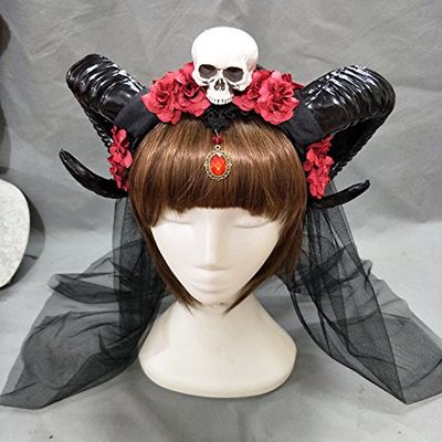 Horn Headband Gothic Lolita Devil Floral Horns Headpieces Halloween Skull Veil Headdress Cosplay
