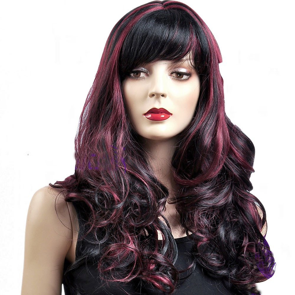 ADAMAI 23'' Cool Natural Long Mixed Black-Red Fluffy Curly Waves Women Lady Comfortable Synthetic Hair Wigs