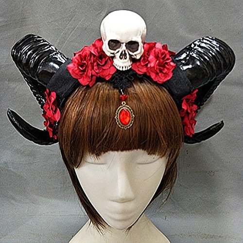 Horn Headband Gothic Lolita Devil Floral Horns Headpieces Halloween Skull Veil Headdress Cosplay