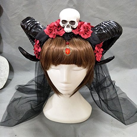Horn Headband Gothic Lolita Devil Floral Horns Headpieces Halloween Skull Veil Headdress Cosplay