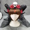 Horn Headband Gothic Lolita Devil Floral Horns Headpieces Halloween Skull Veil Headdress Cosplay view 1