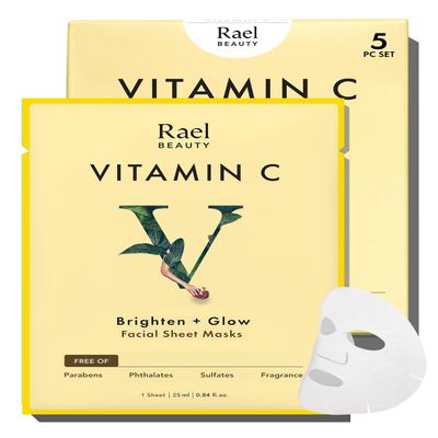 Rael Vitamin C Face Masks  Brighten + Glow with Pomegranate and Citrus Fruit Extract, All Skin Types, Korean Skin Care (5 Count)