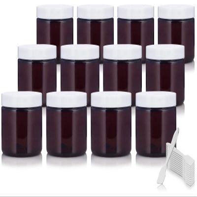 (12 pack) 6 oz Amber PET Plastic Low Profile Refillable Jar with White Lid