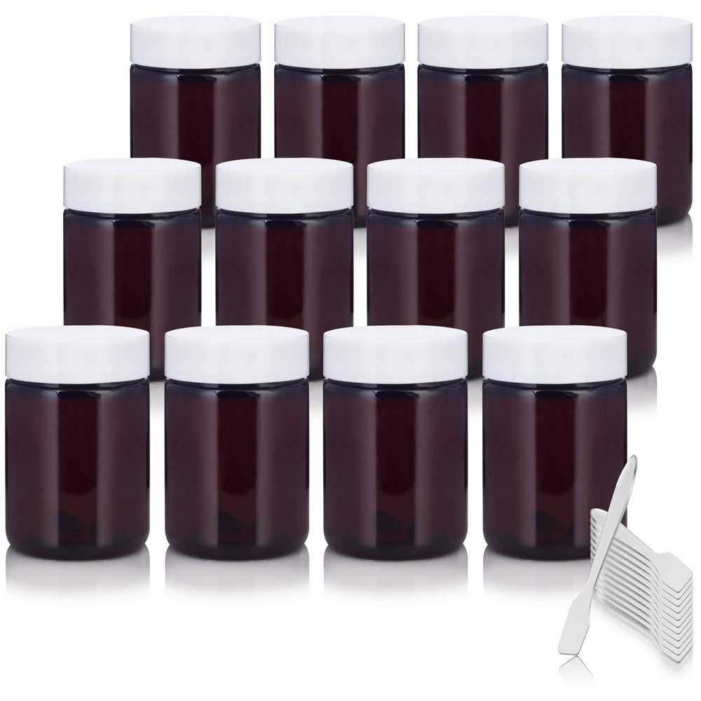 (12 pack) 6 oz Amber PET Plastic Low Profile Refillable Jar with White Lid