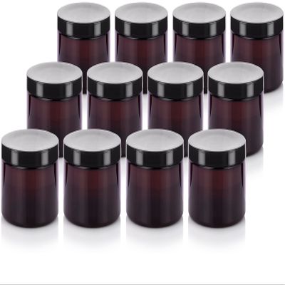 (12 pack) 6 oz Amber PET Plastic Refillable Jar with Black Lid