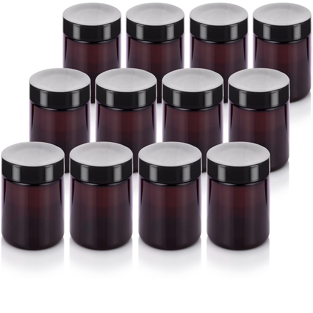 (12 pack) 6 oz Amber PET Plastic Refillable Jar with Black Lid