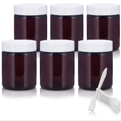 JUVITUS 6 oz Amber PET Plastic (BPA Free) Refillable Low Profile Jar (6 pack) Refillable Empty Storage Containers (White Lids)