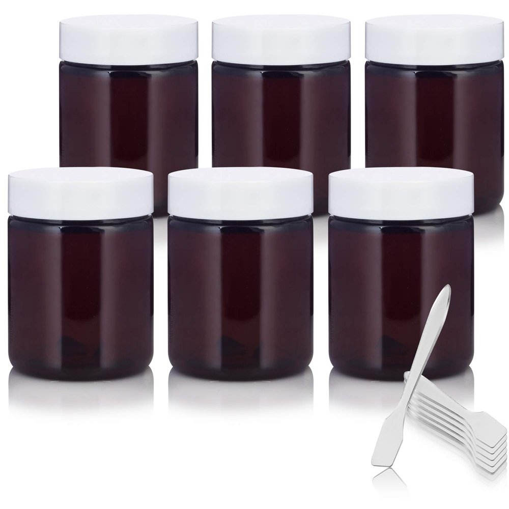 JUVITUS 6 oz Amber PET Plastic (BPA Free) Refillable Low Profile Jar (6 pack) Refillable Empty Storage Containers (White Lids)