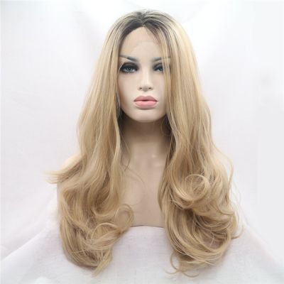 Wavy Curly Wig Blonde with Brown Roots Synthetic Lace Front Wig with
