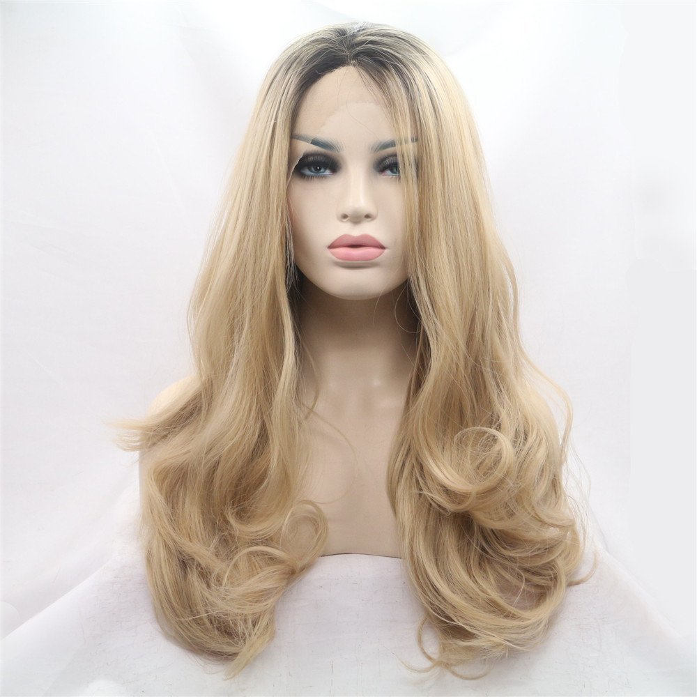 Wavy Curly Wig Blonde with Brown Roots Synthetic Lace Front Wig with