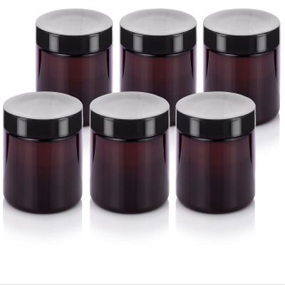 JUVITUS 6 oz Amber PET Plastic (BPA Free) Refillable Low Profile Jar (6 pack) Refillable Empty Storage Containers (Black Lids)