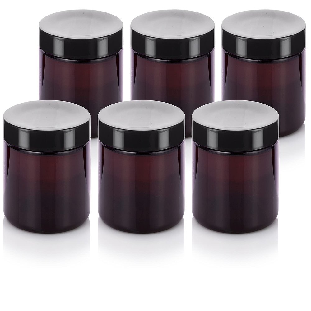 JUVITUS 6 oz Amber PET Plastic (BPA Free) Refillable Low Profile Jar (6 pack) Refillable Empty Storage Containers (Black Lids)