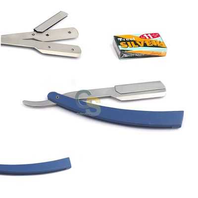G.S BLUE STRAIGHT BARBER EDGE STEEL RAZOR FOLDING SHAVING KNIFE WITH 11 BLADES RAZORS