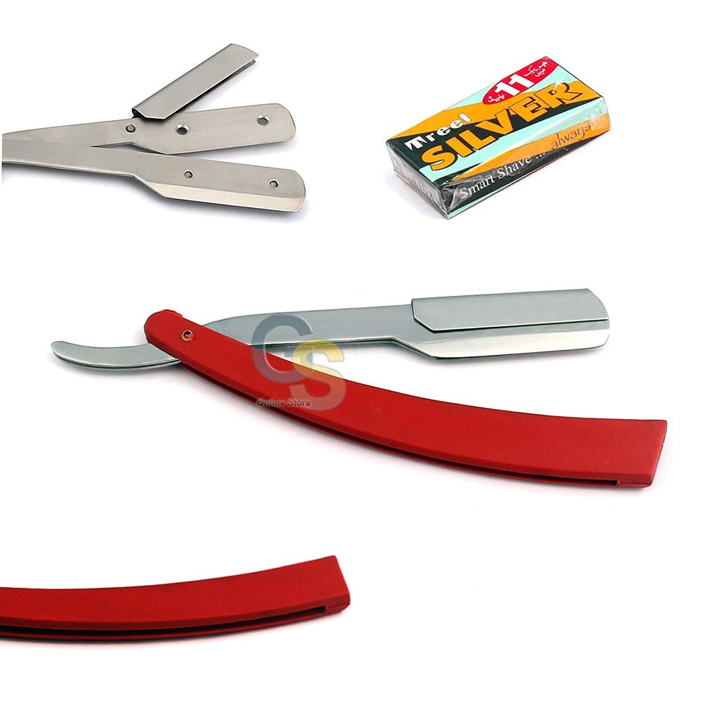 G.S MANUAL FOLDING SHAVING KNIFE BEARD CUTTER SHAVER STRAIGHT EDGE BARBER RAZOR RED UP TO 22 BLADES (SET OF 11 BLADES)