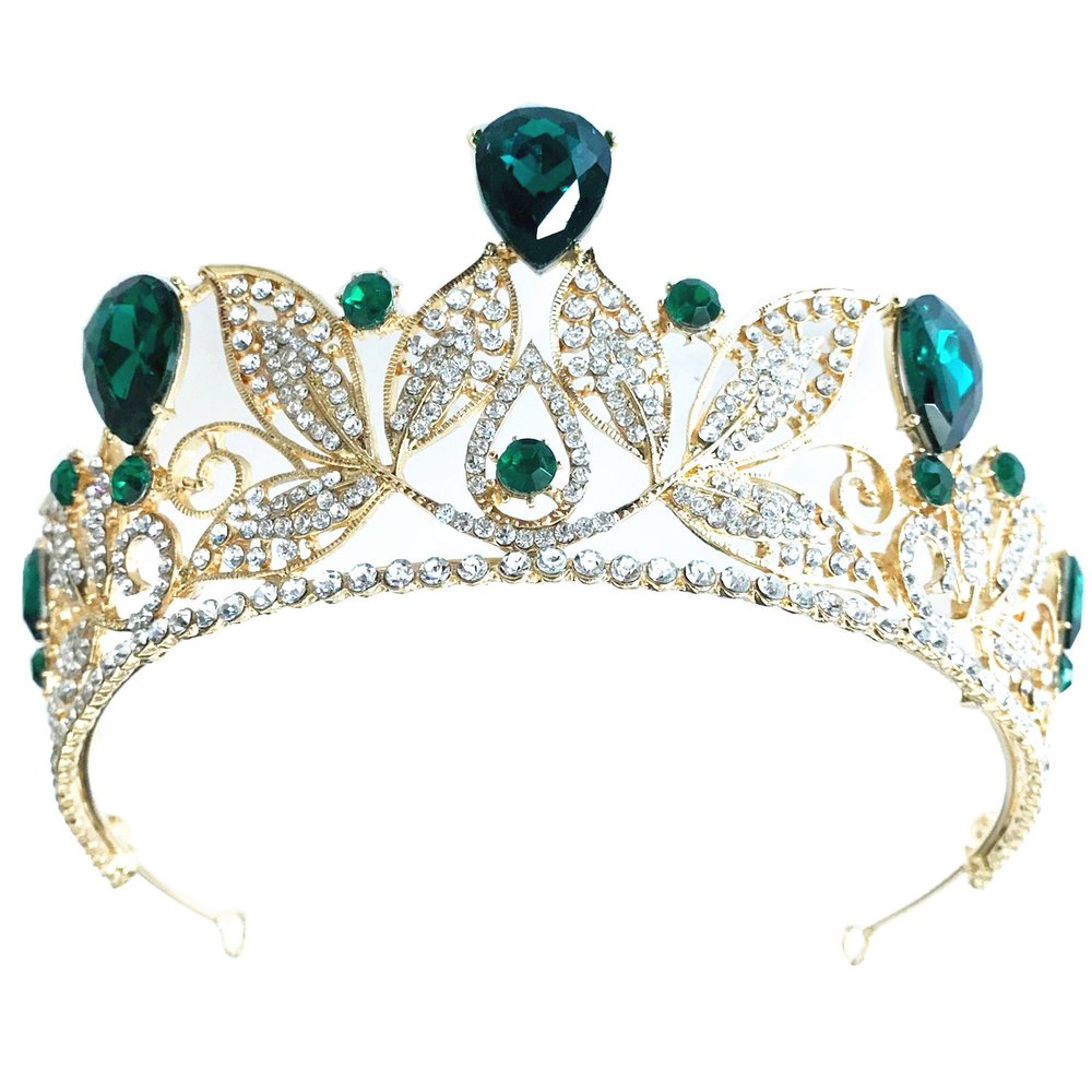 Wiipu Baroque Drop Rhinestone Crystals Leaves Tiara Crown,5.5" Diameter(A1700) (Green)