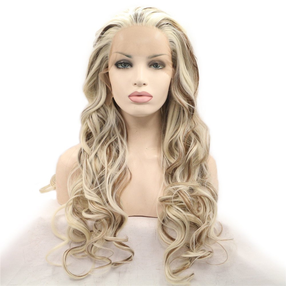 Brown Blonde Wig Mixed Long Wavy Curly Synthetic Lace Front Wig