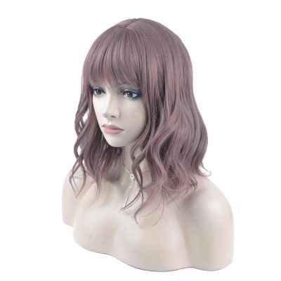 DAOTS 14 Inches Curly Wigs with Bangs for Women Girls Heat Resistant Synthetic Hair Wig (Grayish Purple)