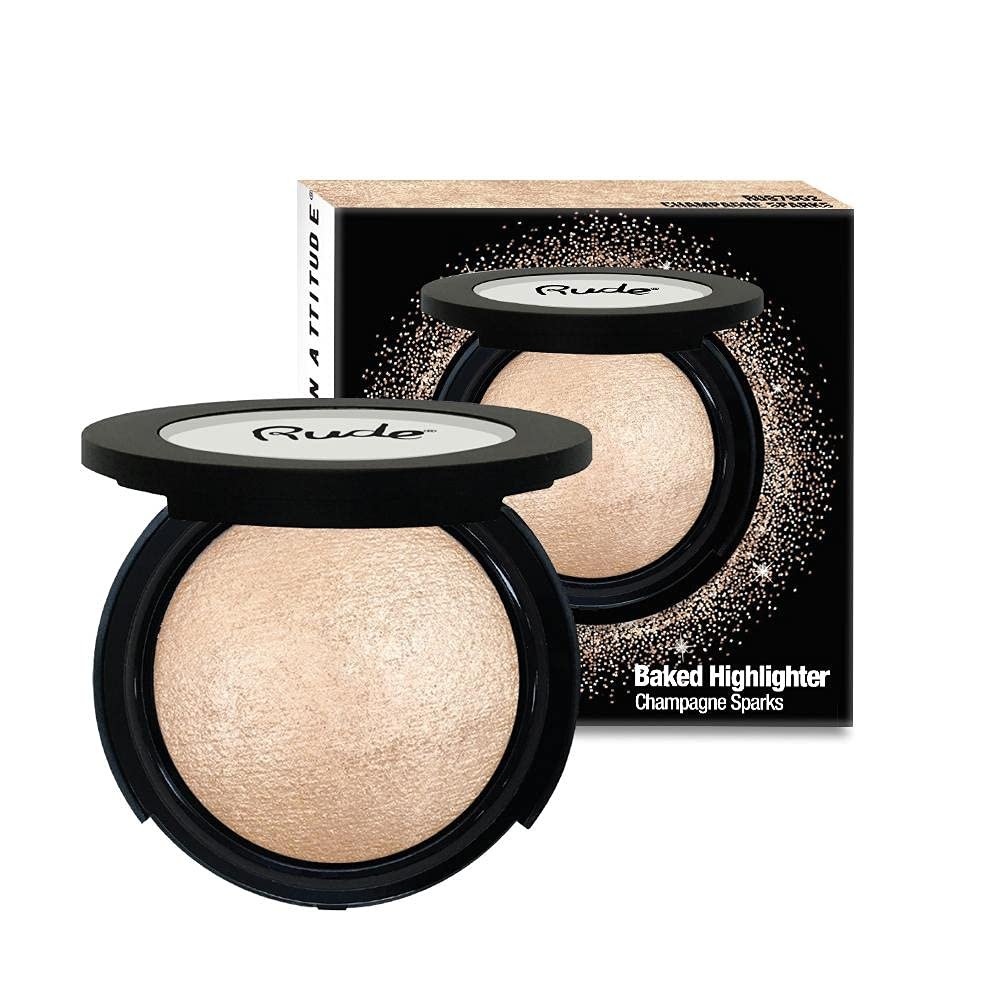 RUDE Baked Highlighter - Champagne Sparks (Gold, Bronze, Silver, Pink) - Metallic Finish - Palette Container