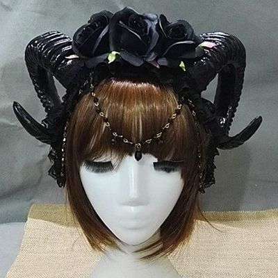 Manual Aries Roses Flowers Lace Crystal Chain Sheep Horn Ear Hair Hoop Forest Animal Exhibition Cosplay Headband
