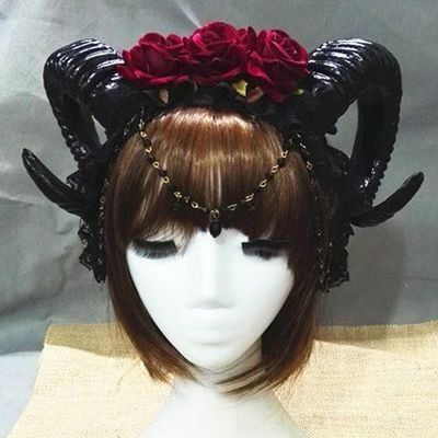 Manual Aries Roses Flowers Lace Crystal Chain Sheep Horn Ear Hair Hoop Forest Animal Exhibition Cosplay Headband