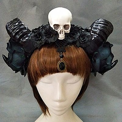 Girl Halloween Stereo Devil Horns Skull Headband Gothic Sheep Horn Flowers Headdress Cosplay
