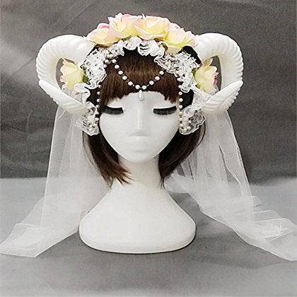 Qhome Lolita Fancy Dress Sheep Horns Headband With Rose Flowers Lace Halloween Headwear Costume Accessory