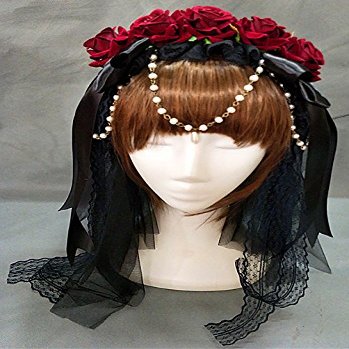 Qhome Lolita Fancy Dress Headband With Rose Bowknot Crystal Flowers Lace Halloween Headwear Costume Accessory