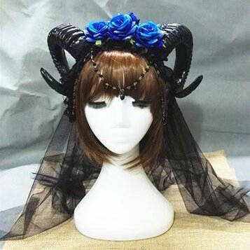 Manual Aries Roses Flowers Lace Crystal Chain Sheep Horn Ear Hair Hoop Forest Animal Exhibition Cosplay Headband