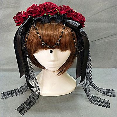 Qhome Lolita Fancy Dress Headband With Rose Bowknot Crystal Flowers Lace Halloween Headwear Costume Accessory