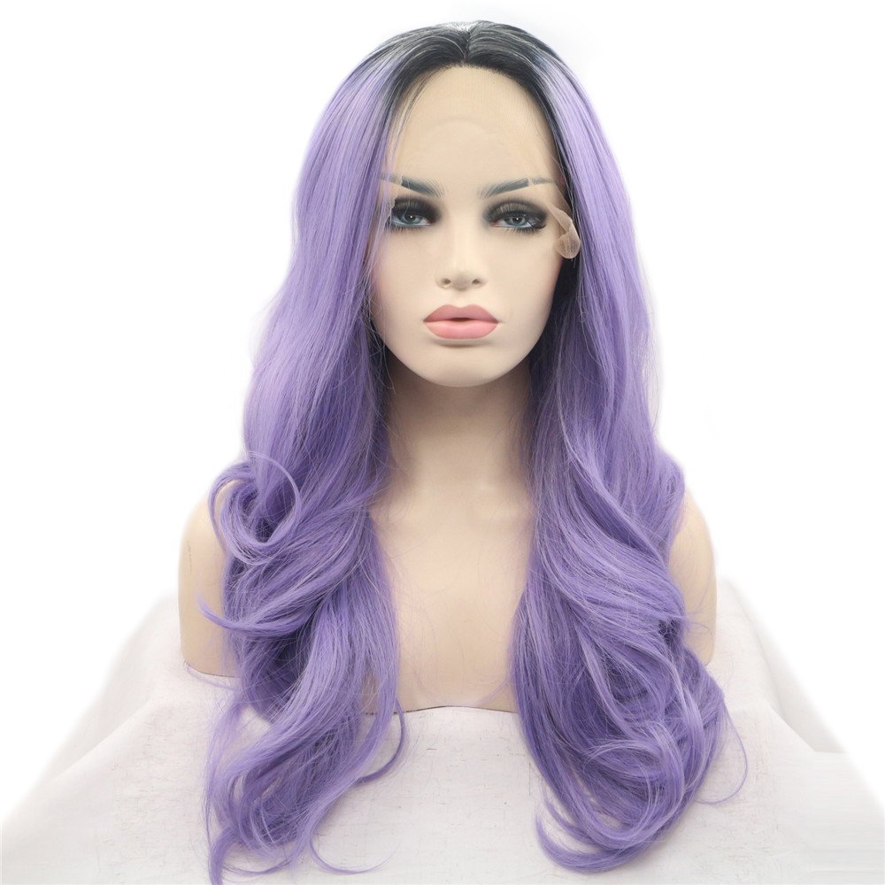 Curly WLight Wavy Curly Light Purple with Dark Roots Synthetic Lace Front Wig with