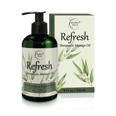 Refresh Massage Oil for Massage Therapy with Eucalyptus & Peppermint Essential Oils - All Natural Sore Muscle Relief. Ideal for Full Body Relaxation  Nut Free Formula 8oz