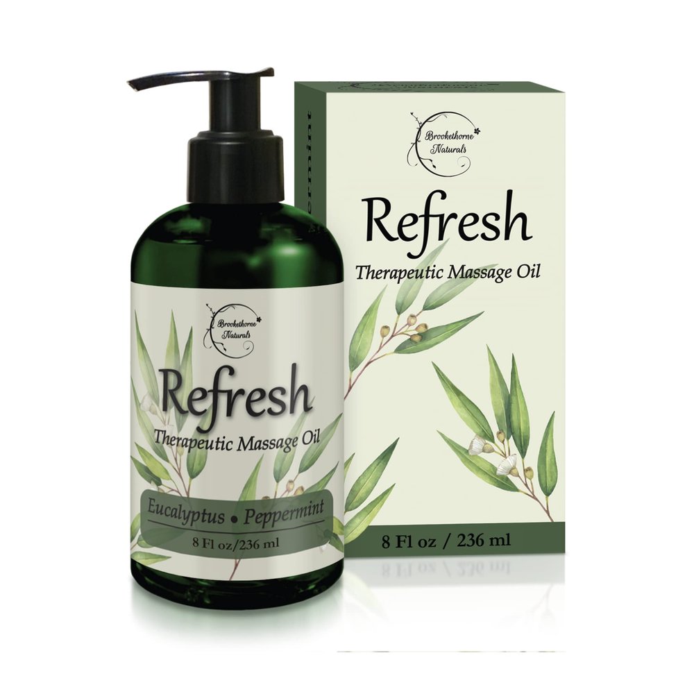 Refresh Massage Oil for Massage Therapy with Eucalyptus & Peppermint Essential Oils - All Natural Sore Muscle Relief. Ideal for Full Body Relaxation Nut Free Formula 8oz