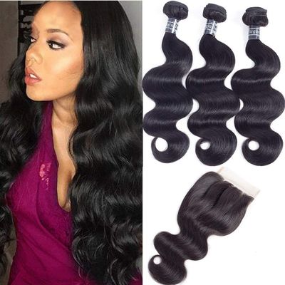 Amella Hair 8A Brazilian Body Wave Human Hair 3 Bundles with Lace Closure (18" 20" 22"+16"Closure,Three Part,Natural Black)100% Unprocessed Brazilian Body Wave Human Hair Weave With Lace Closure