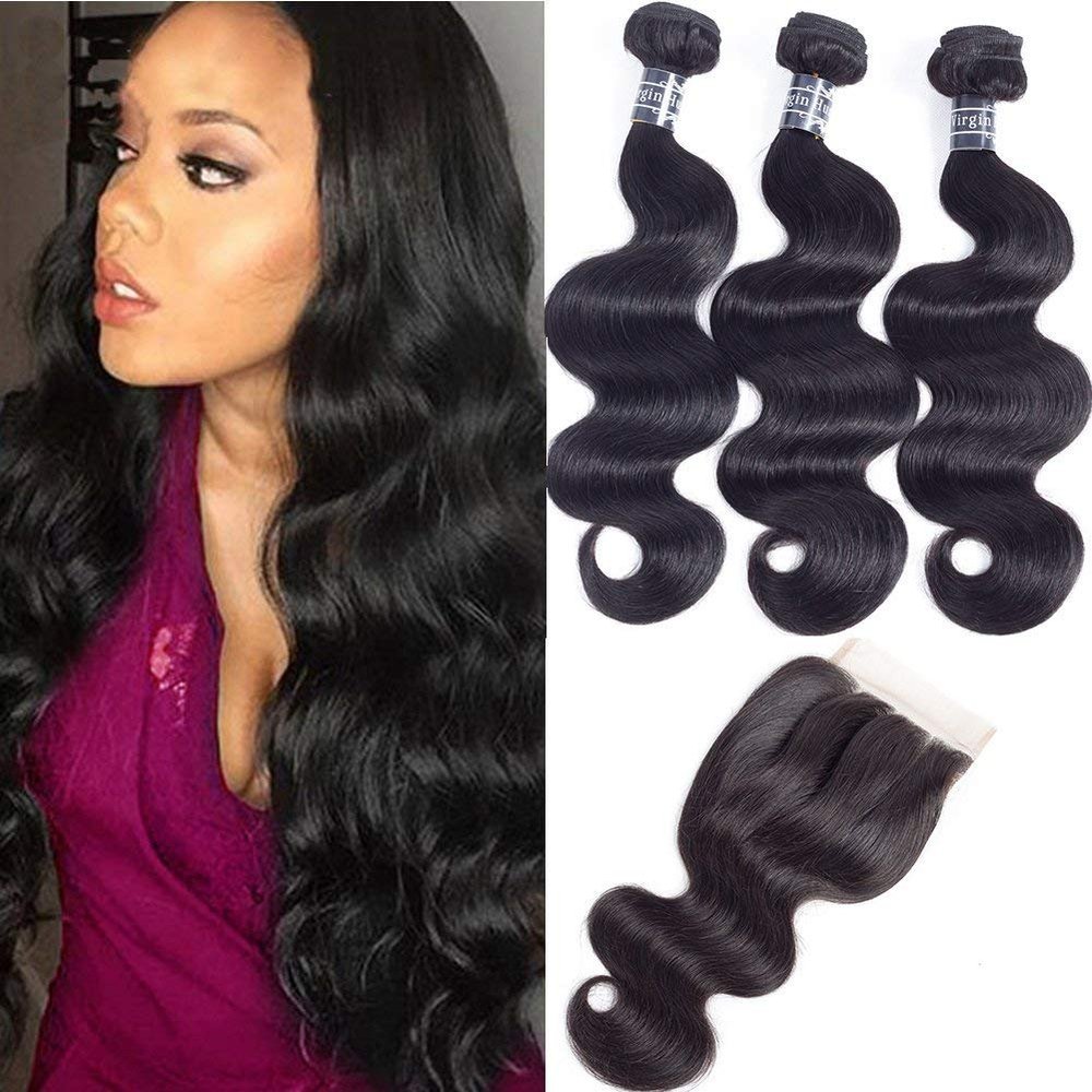 Amella Hair 8A Brazilian Body Wave Human Hair 3 Bundles with Lace Closure (18" 20" 22"+16"Closure,Three Part,Natural Black)100% Unprocessed Brazilian Body Wave Human Hair Weave With Lace Closure
