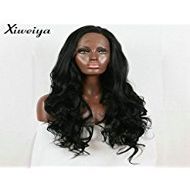 Xiweiya Long Body Wave Hair 1B Natural Black Synthetic Lace Front Wigs For Black Women Glueless Heat Resistant Fiber Hair Half Hand Tied
