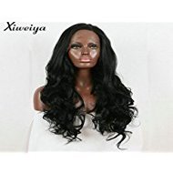 Xiweiya Long Body Wave Hair 1B Natural Black Synthetic Lace Front Wigs For Black Women Glueless Heat Resistant Fiber Hair Half Hand Tied