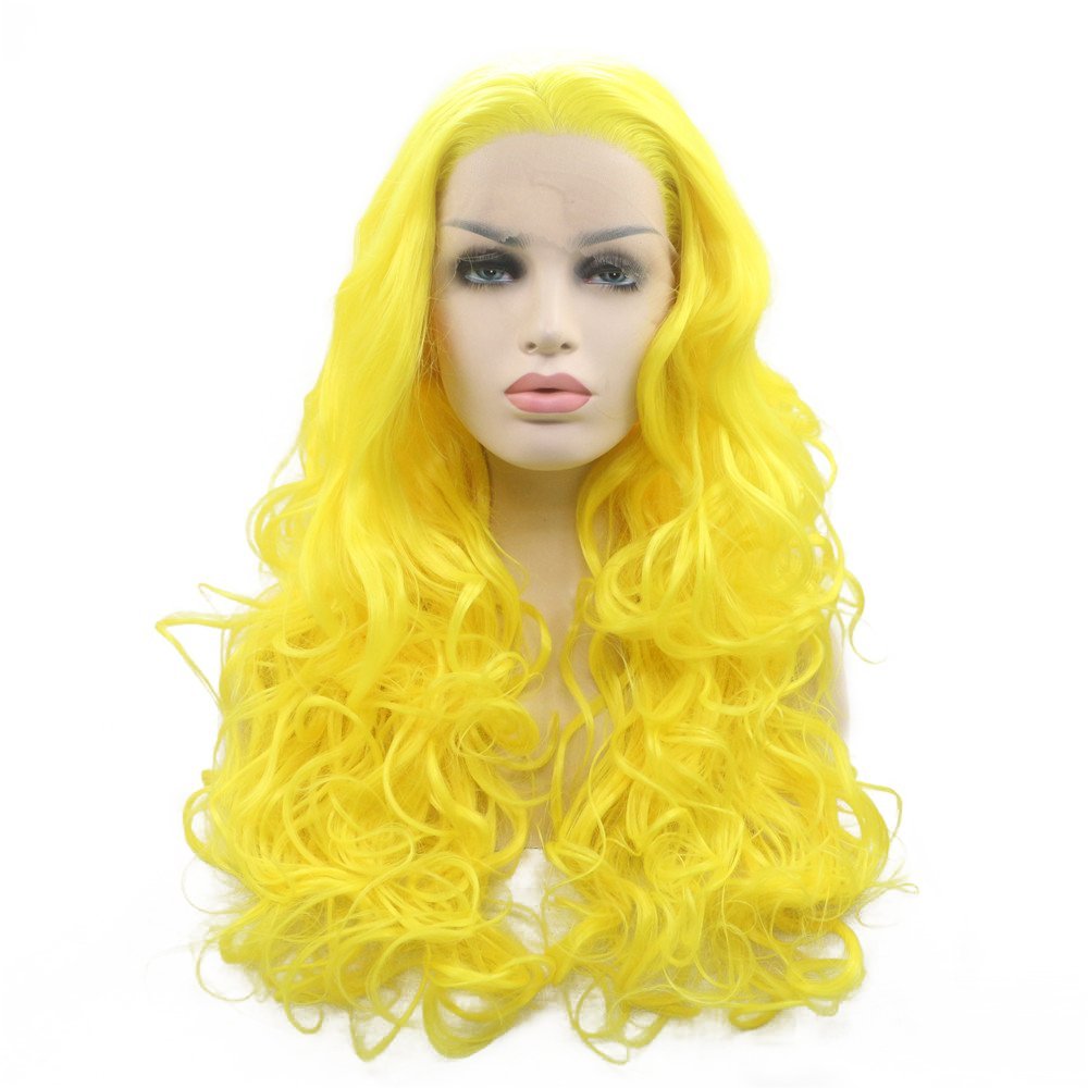 Wavy Wig Curly Bright Yellow Synthetic Lace Front Wig
