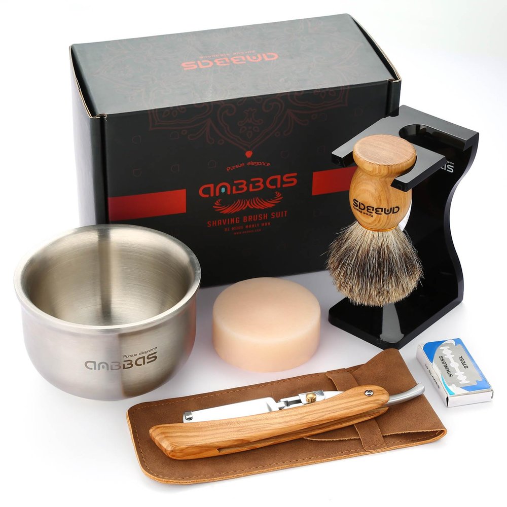 Anbbas Badger Shaving Brush,Stand,Shaving Soap and Bowl,Straight Razor with Bag,10pcs Blades,7in1 Kit for Men Close Shave
