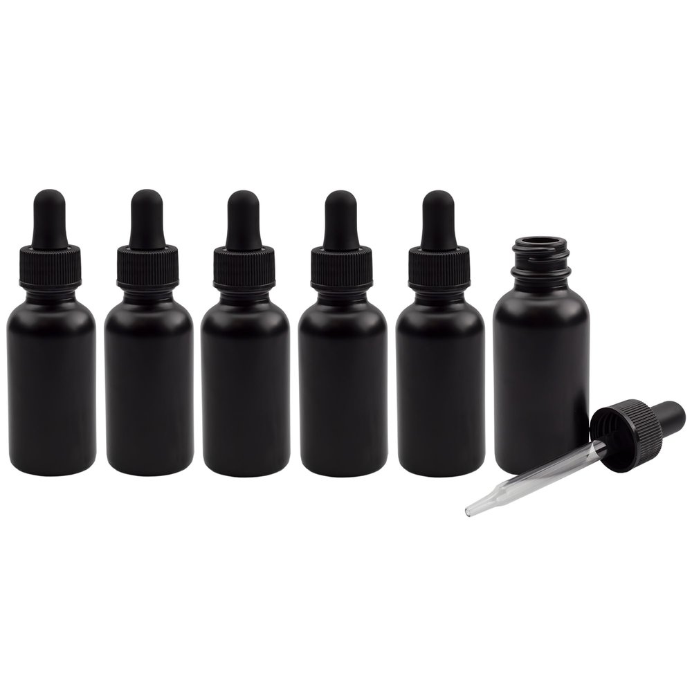 Cornucopia Brands 1oz Black Coated Glass UV Resistant Eye Dropper Bottles (Pack of 6) UV Safe Bottles for Essential Oils and Aromatherapy