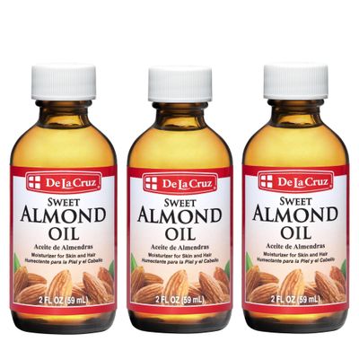 De La Cruz Sweet Almond Oil - Expeller Pressed Almond Oil for Skin and Hair 2 FL. OZ. (59 mL) - 3 Bottles
