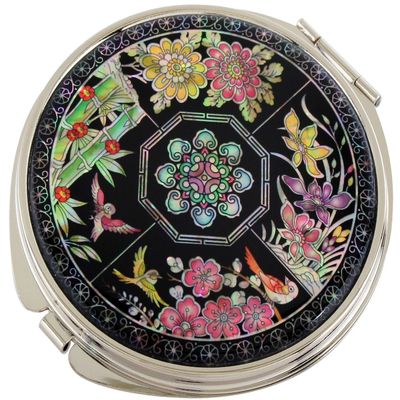 Antique Alive Mother of Pearl Four Noble Beings Design Double Compact Magnifying Cosmetic Makeup Purse Beauty Pocket Mirror