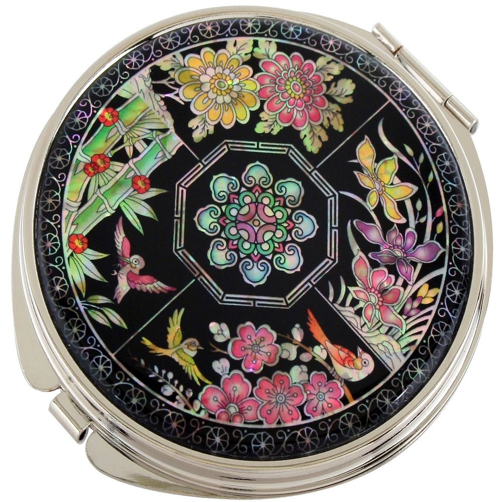 Antique Alive Mother of Pearl Four Noble Beings Design Double Compact Magnifying Cosmetic Makeup Purse Beauty Pocket Mirror