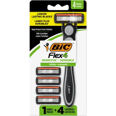 BIC Flex 4 Refillable Razors for Men, Long-Lasting 4 Blade Razors for Sensitive Skin, 1 Handle and 4 Cartridges, 5 Piece Shaving Kit