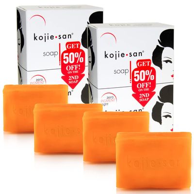 Kojie San Skin Brightening Soap - Original Kojic Acid, Dark Spot Remover Bar Soap with Coconut & Tea Tree Oil- 135g x 4 Bars