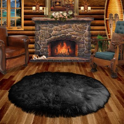 Black Shag Area Rug - Round - Premium Shaggy Faux Fur Sheepskin - Fur Accents Original USA (8' Diameter)